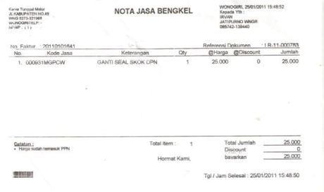 ongkos penggantian seal shocknya