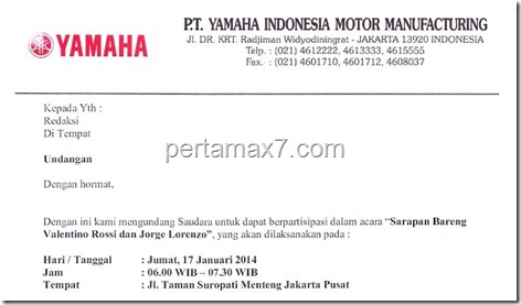 surat undangan YIMM sarapan bareng rossi dan lorenzo 