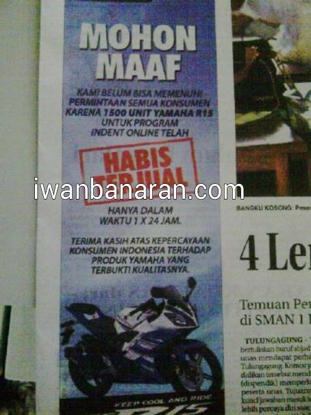 permintaan maaf Yamaha untuk pengindent yamaha R15 di koran