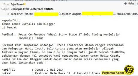 undangan press conference sinnob melepas Mario Iroth ke indonesia Timur