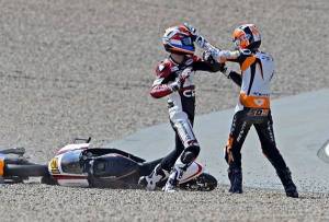 Bryan Schouten VS Scott Deroue fight on moto3 germany 2014 1979575_865081350172259_8270682912549416821_n