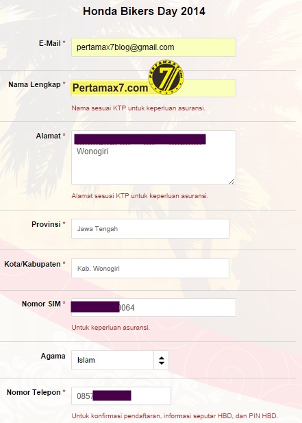 FORM REGISTRASI ONLINE HONDA BIKERS DAY 2014