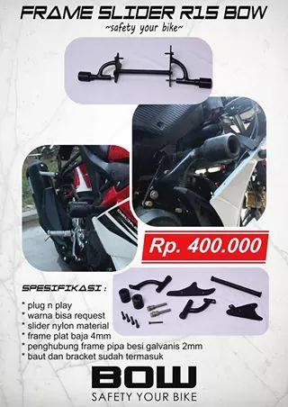 frame slider yamaha R15 buatan balu oto work pamflet