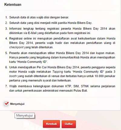 KONFIRMASI DATA REGISTRASI ONLINE HONDA BIKERS DAY 2014