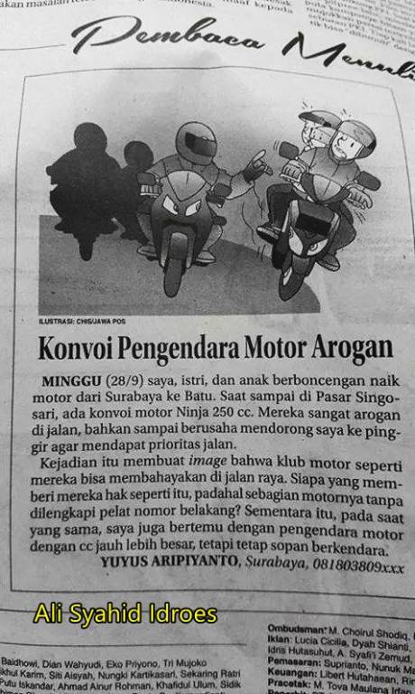 surat pembaca konvoi pengendara motor arogan