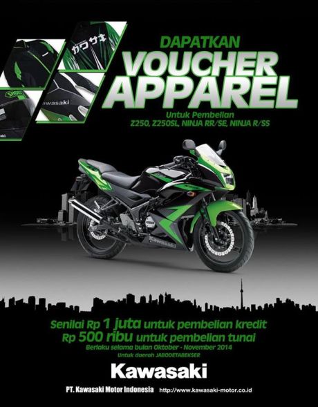 beli kawasai Z250 dan Ninja 2t berhadiah voucher apparel hingga rp. 1juta