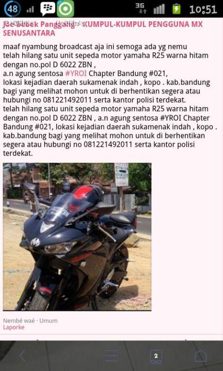 berita kehilangan yamaha R25 bandung