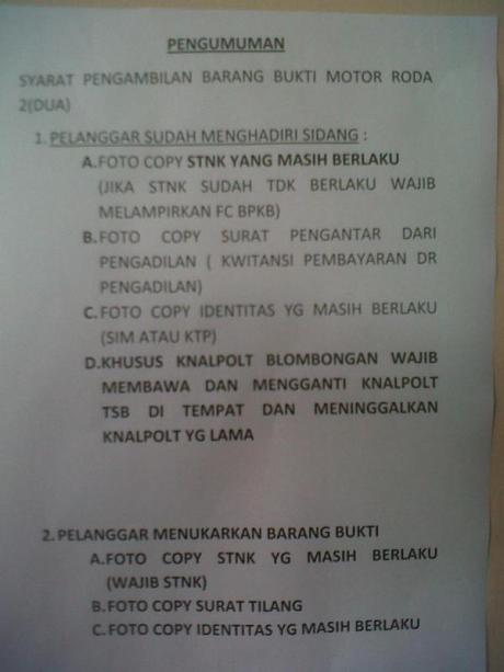 Syarat Pengambilan Sepeda Motor Yang kena Tilang Operasi Zebra area yogyakarta 2014