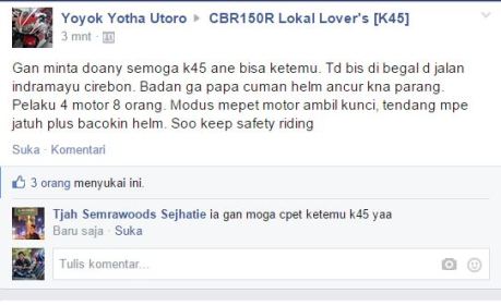 bikers honda CBR150R lokal kena begal di indramayu