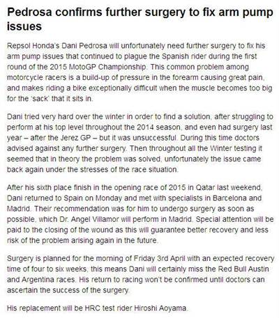 hiroshi aoyama replace pedrosa arm pump