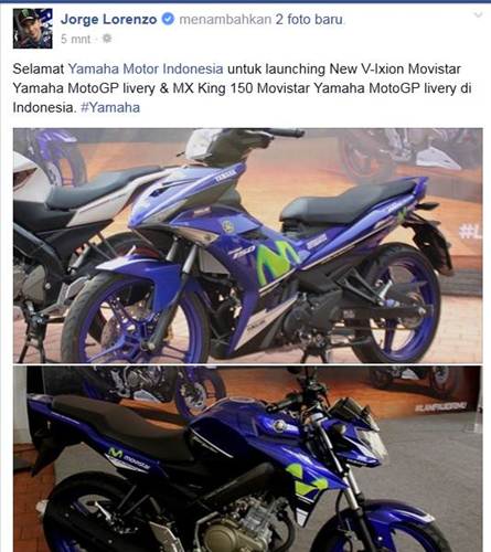 lorenzo ucapkan selamat atas lahirnya yamaha new vixion advance dan jupiter mx king movistar yamaha motogp