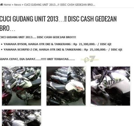 cuci gudang yamaha byson dan scorpio rakitan 2013 diskon Rp.6 juta