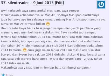 komentator pertamax7.com kecewa tidak dapat barang diskon cuci gudang yamaha byson dan scorpio Rp.6 juta 08Pertamax7.com