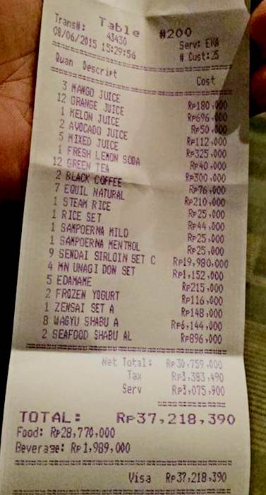 Nota Makan orang kaya habis Rp. 37 juta ini menggegerkan dunia maya