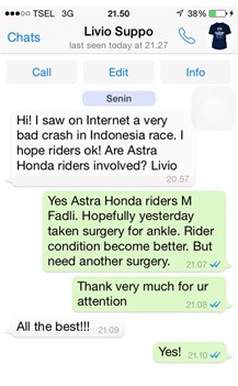 pesan livio suppo HRC terhadap kesembuhan m fadli usai kecelakaan