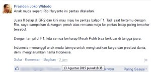 Pernyataan Presiden Indonesia Joko Widodo Apresiasi dan Dukung Rio Haryanto Maju ke Balap F1&nbsp;pertamax7.com