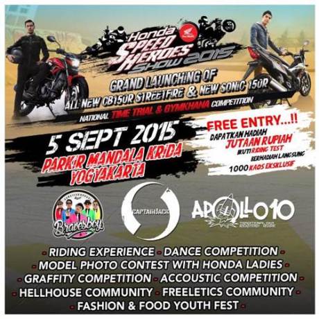 Ayo Nonton Grand Launching All New Honda CB150R dan new Sonic 150R di Mandala Krida Jogja 5 September 2015,  Bisa testride pertamax7.com
