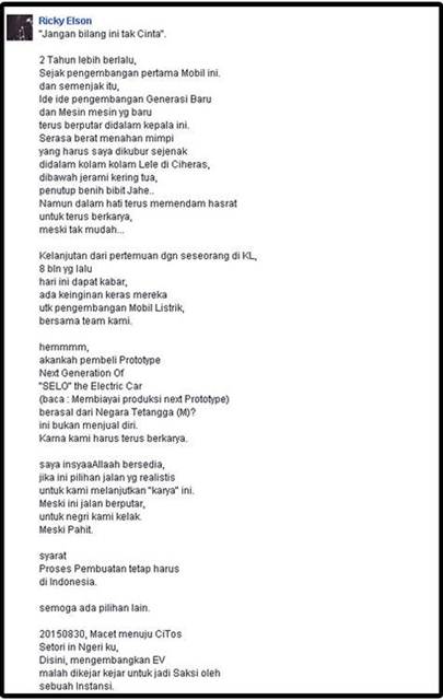 Tak Lulus Uji Emisi di Indonesia, Pengembangan Mobil Listrik Selo Indonesia diakuisisi Malaysia 03 pertamax7.com