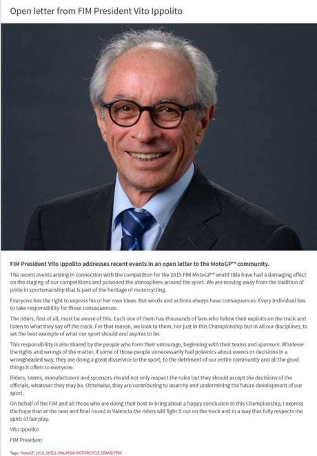 Surat terbuka FIM terkait Insiden Rossi Vs Marquez #SepangClash pertamax7.com