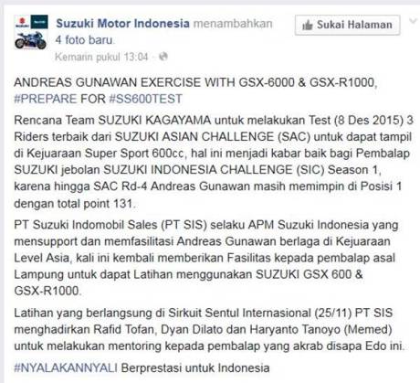 Juara Suzuki Indonesia Challenge Satria F150 berlatih dengan GSX-6000 dan GSX-R1000, dari bebek 150 cc siap loncat Tampil di Supersport 600 01 pertamax7.com