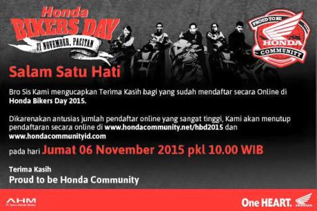 Pendaftaran Online Honda Bikers Day 2015 resmi di Tutup pertamax7.com