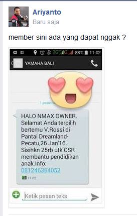 Mantabh Lek Aripitstop Dapat Sms Nmax Owner Bertemu Valentino ROSSI 26 Januari 2016 Di Pantai Dreamline Bali pertamax7.com